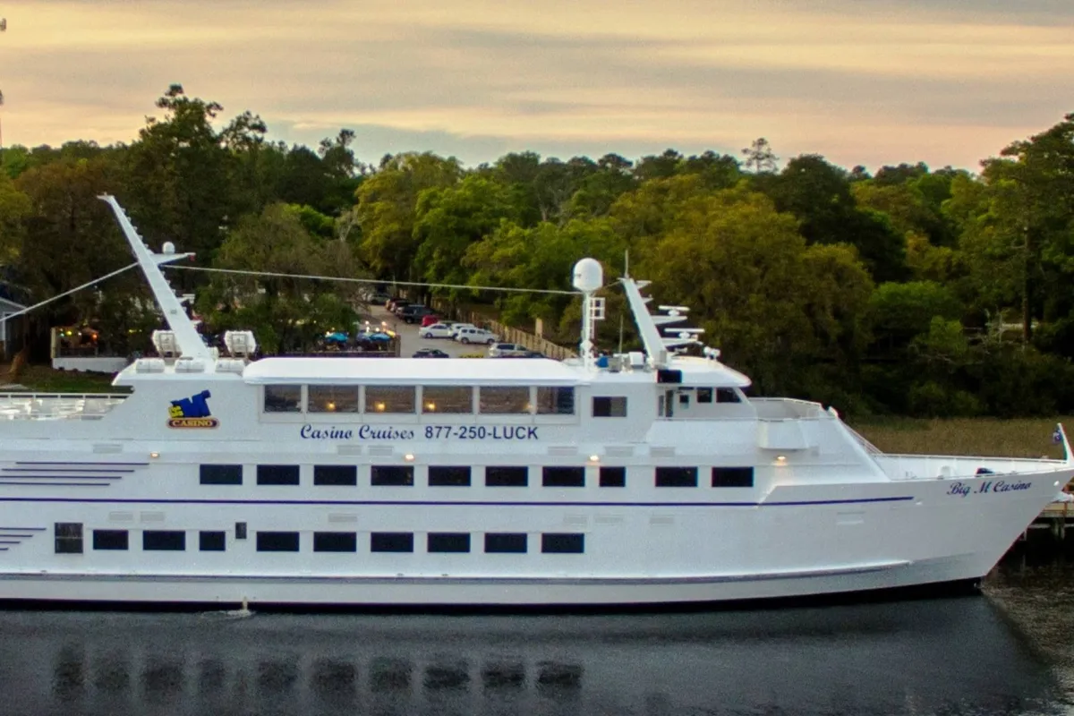 This exterior shot captures a cruise ship gliding along calm waters, with lush greenery surrounding the scene. The atmosphere is relaxed yet festive, suggesting leisurely activities such as dining, entertainment, and enjoying scenic sunset views onboard.